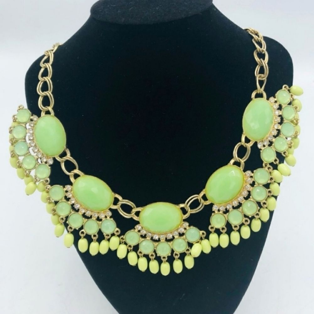 Roberta Chiarella Green Glass Rhinestone Beaded Gold Tone Bib Statement Necklace